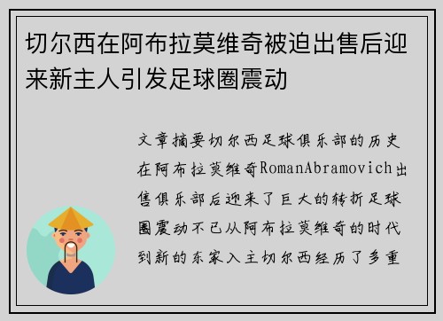 切尔西在阿布拉莫维奇被迫出售后迎来新主人引发足球圈震动